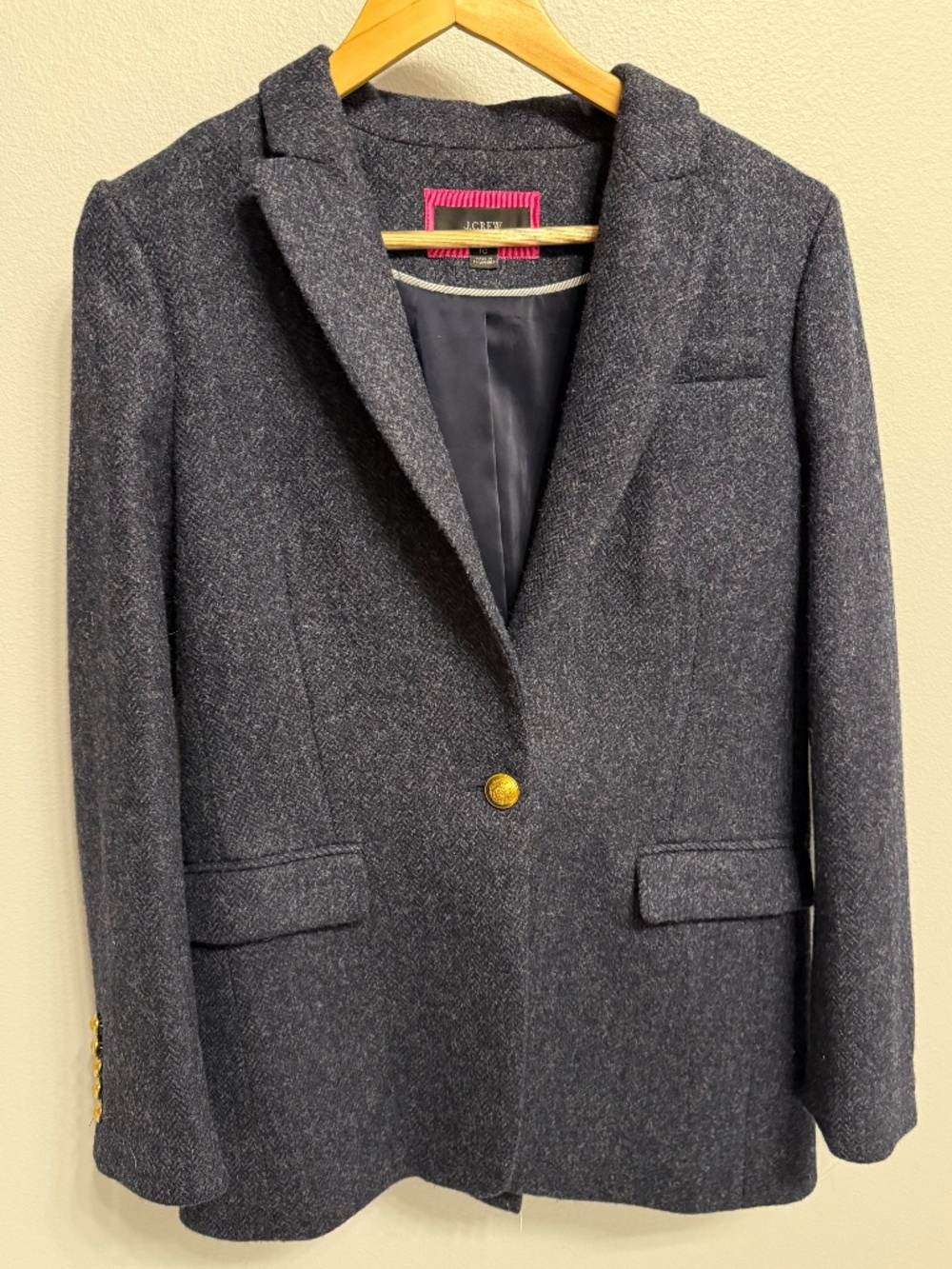 J. Crew Navy Herringbone Wool Blazer with Gold Buttons - Picture 2 of 14